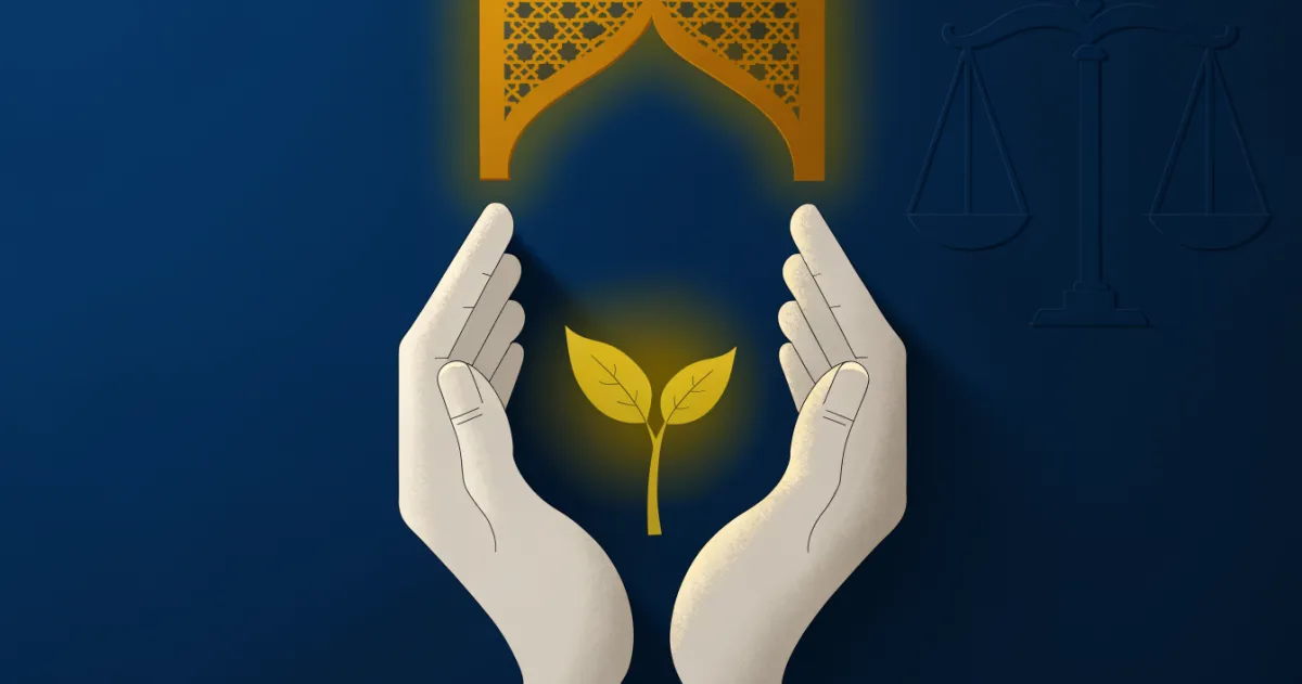 Guardian hands sheltering a small sapling under an Emirati arch symbolising UAE child protection law