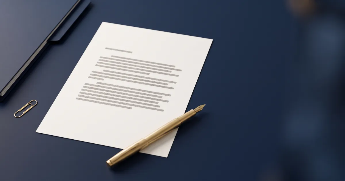 Unsigned formal warning letter on a navy desk beside a gold pen and closed employment file