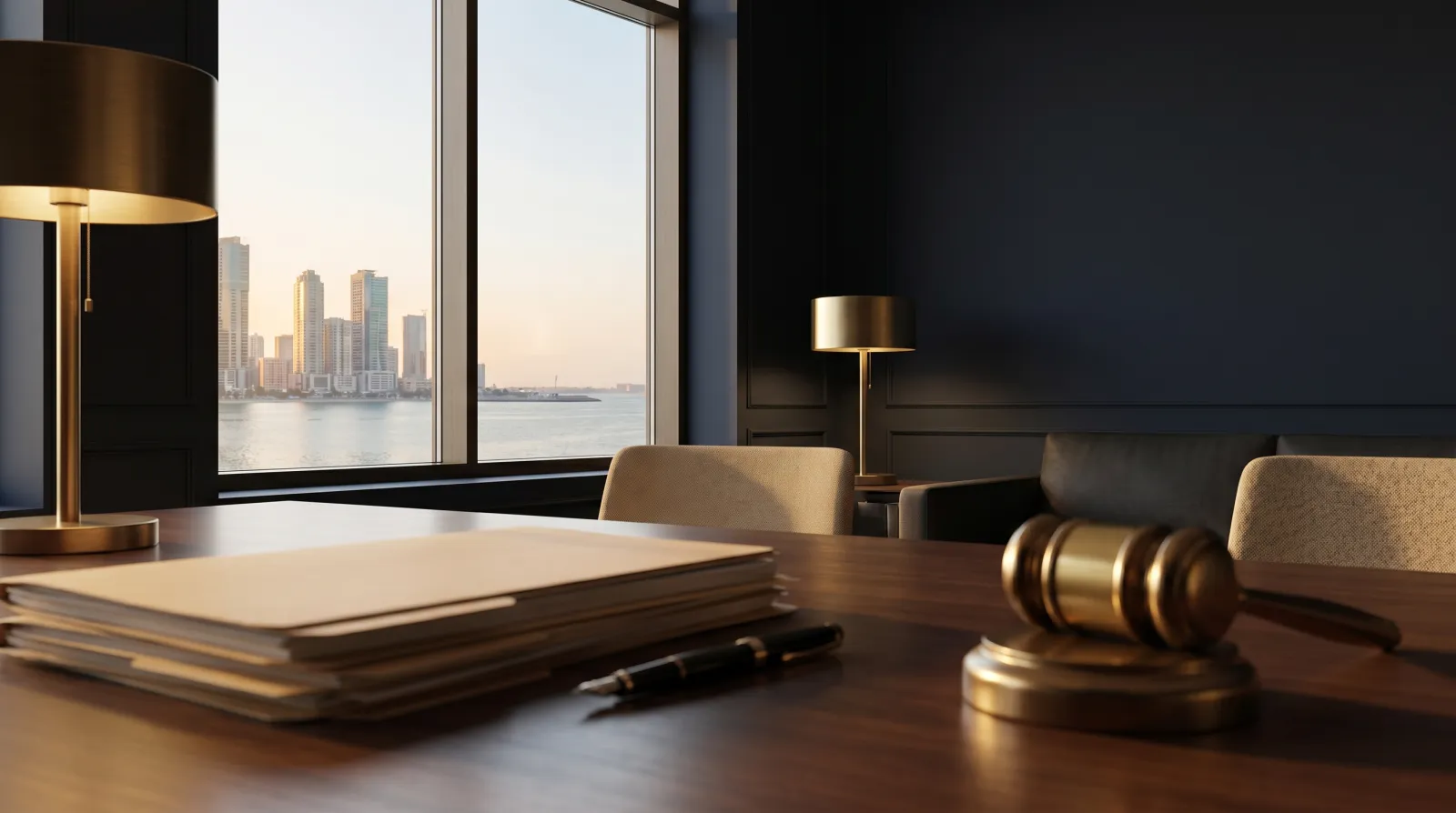 Bound company memorandum and a gold seal on a dark corporate desk with a UAE skyline beyond the window