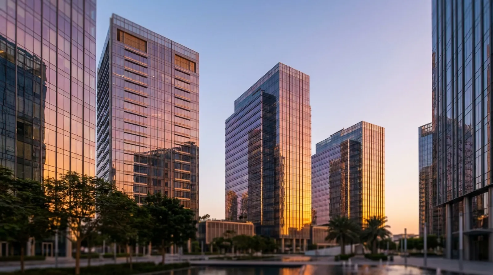 Modern glass office towers in a UAE business district at dusk, symbolising professional legal services