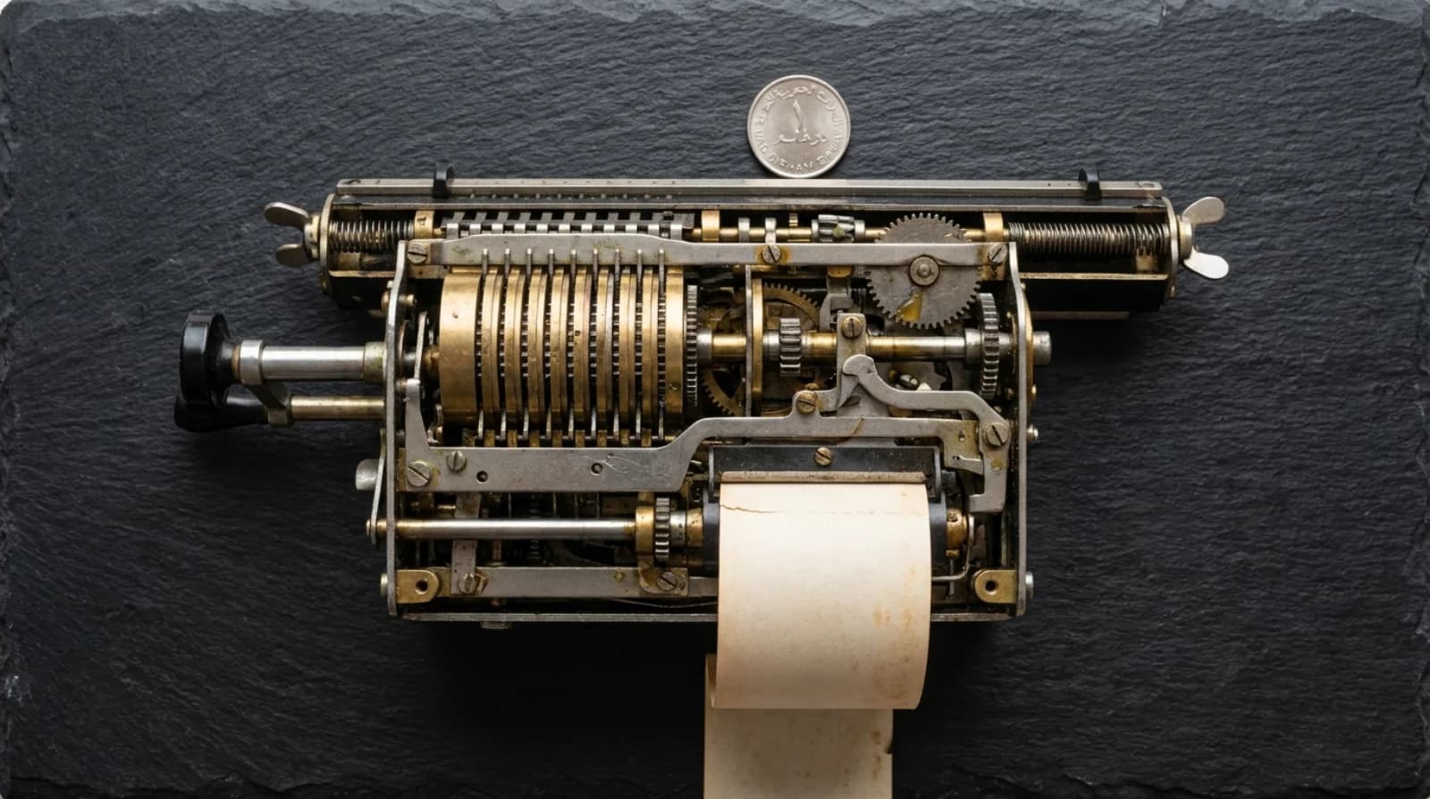 Top-down view of a mechanical calculator with receipt paper and an AED coin — Dubai gratuity calculator explained