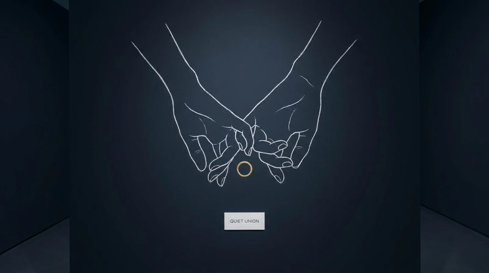 Negative-space hands holding a single wedding-ring band against a navy backdrop — Dubai personal status court process