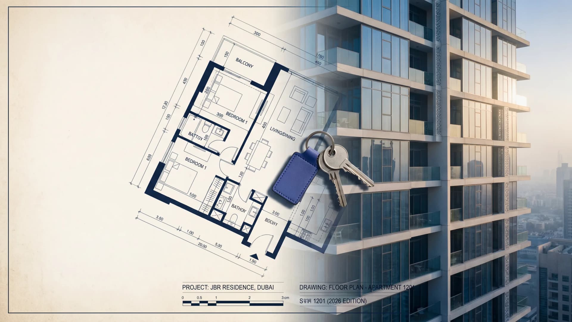 Real estate law: Dubai apartment blueprint fades into golden-hour residential tower with keys at the seam. Dubai tenancy dispute RERA process.