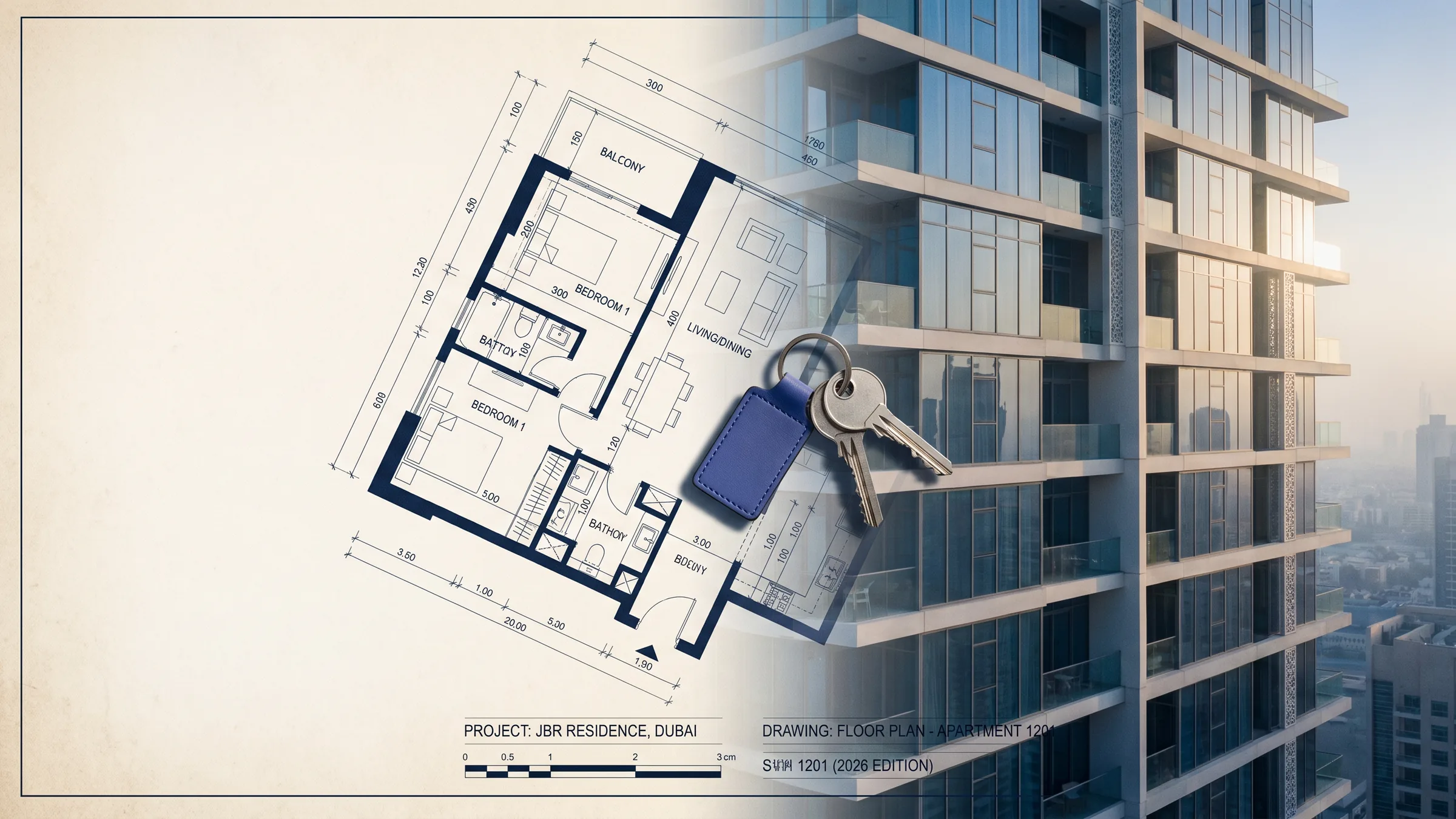 Real estate law: Dubai apartment blueprint fades into golden-hour residential tower with keys at the seam. Dubai tenancy dispute RERA process.