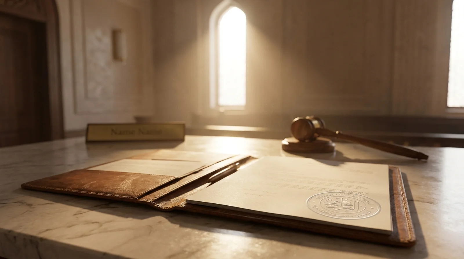 Editorial photograph of a legal folder and documents in a Dubai court interior — labour court procedure 2026