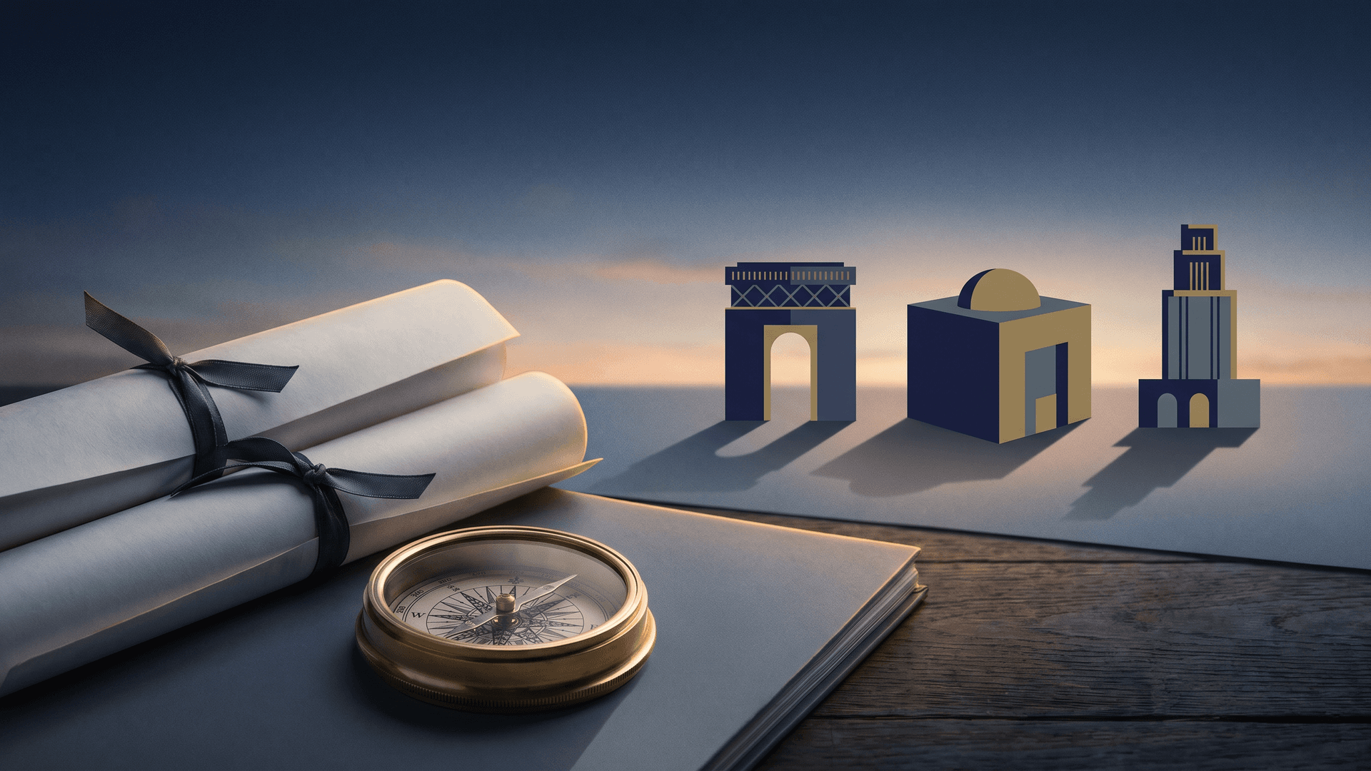 Editorial illustration of UAE arbitration triptych — DIAC, ADGM, ICC