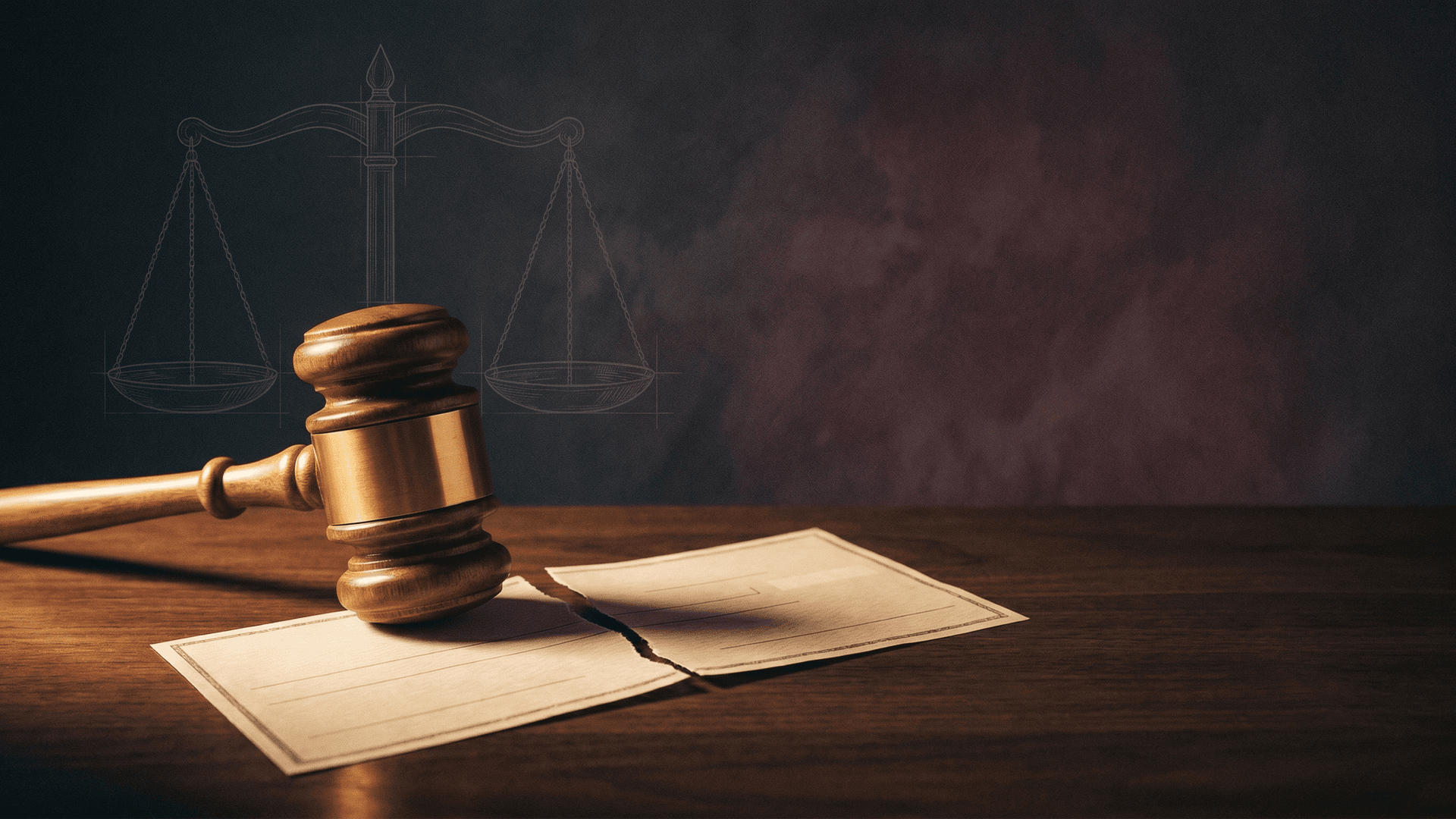 Editorial illustration of a torn cheque pinned under a brass gavel