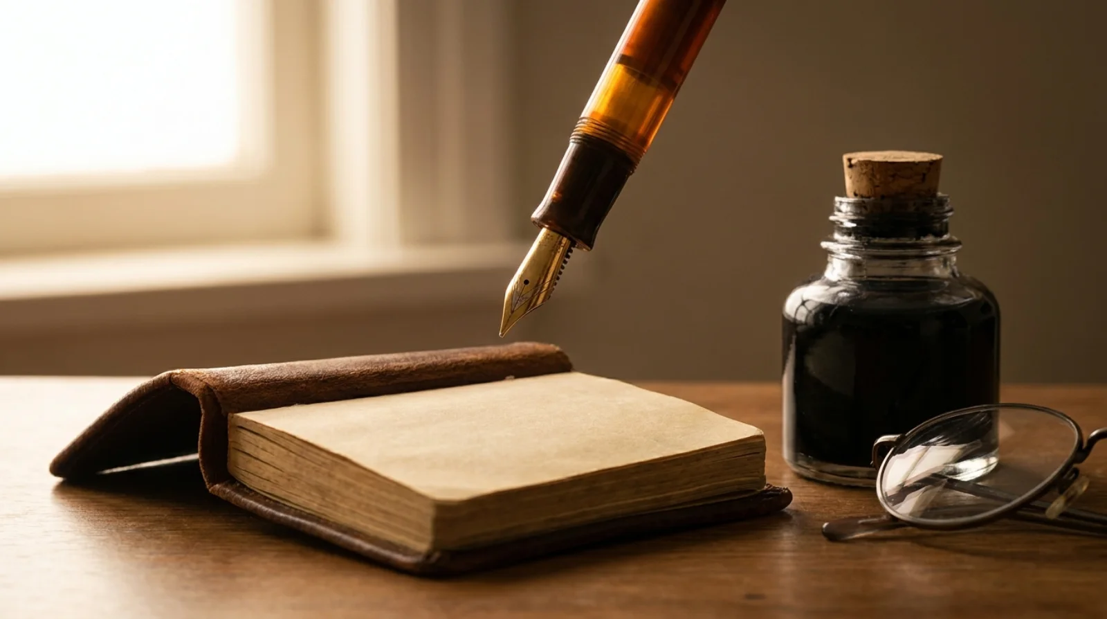 Vintage fountain pen poised above a blank cheque book, black ink bottle to the side — UAE cheque signing laws