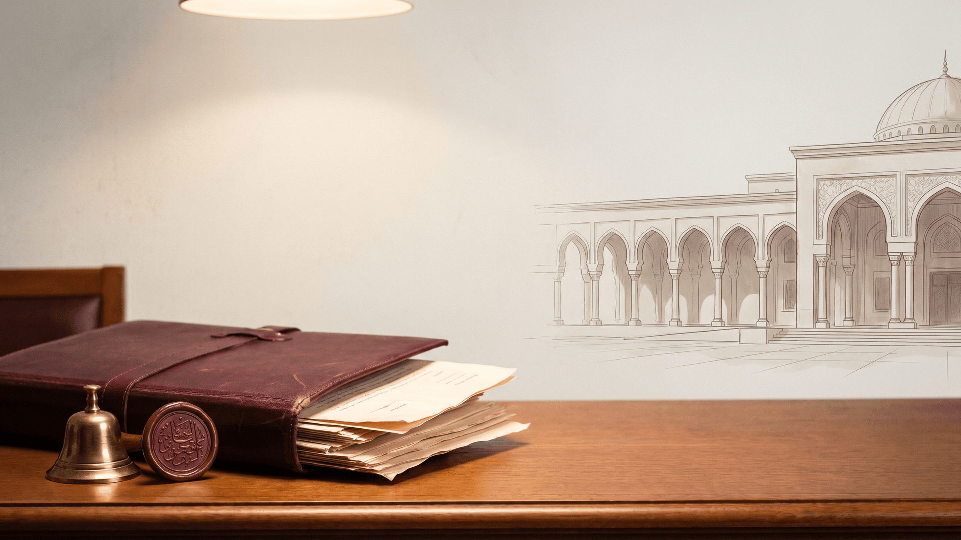 Editorial illustration of a UAE civil case file with brass court bell and colonnade sketch