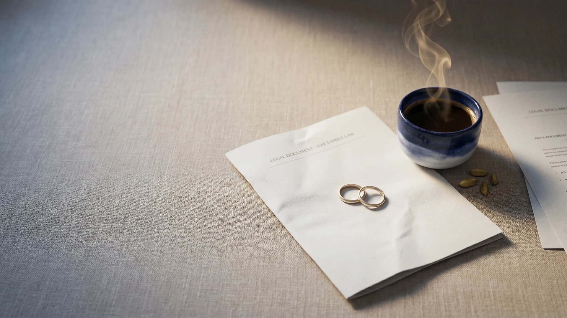 Family law concept: two pale-gold rings on cream legal paper beside a cardamom coffee cup on warm linen, dignified editorial style. UAE divorce.