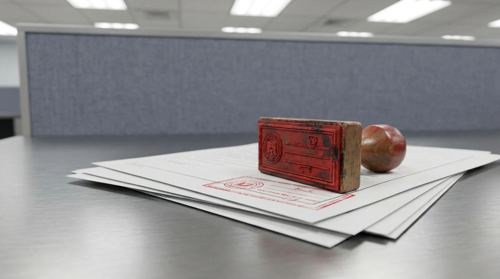 Red rubber stamp pressed on a stack of documents on a brushed-steel desk — UAE employment visa cancellation