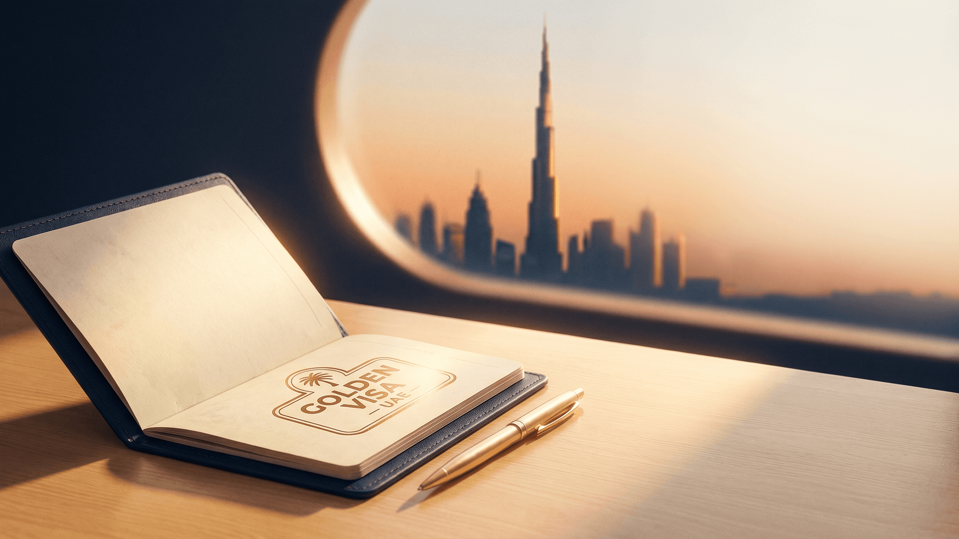 Editorial illustration of UAE Golden Visa passport with Dubai skyline