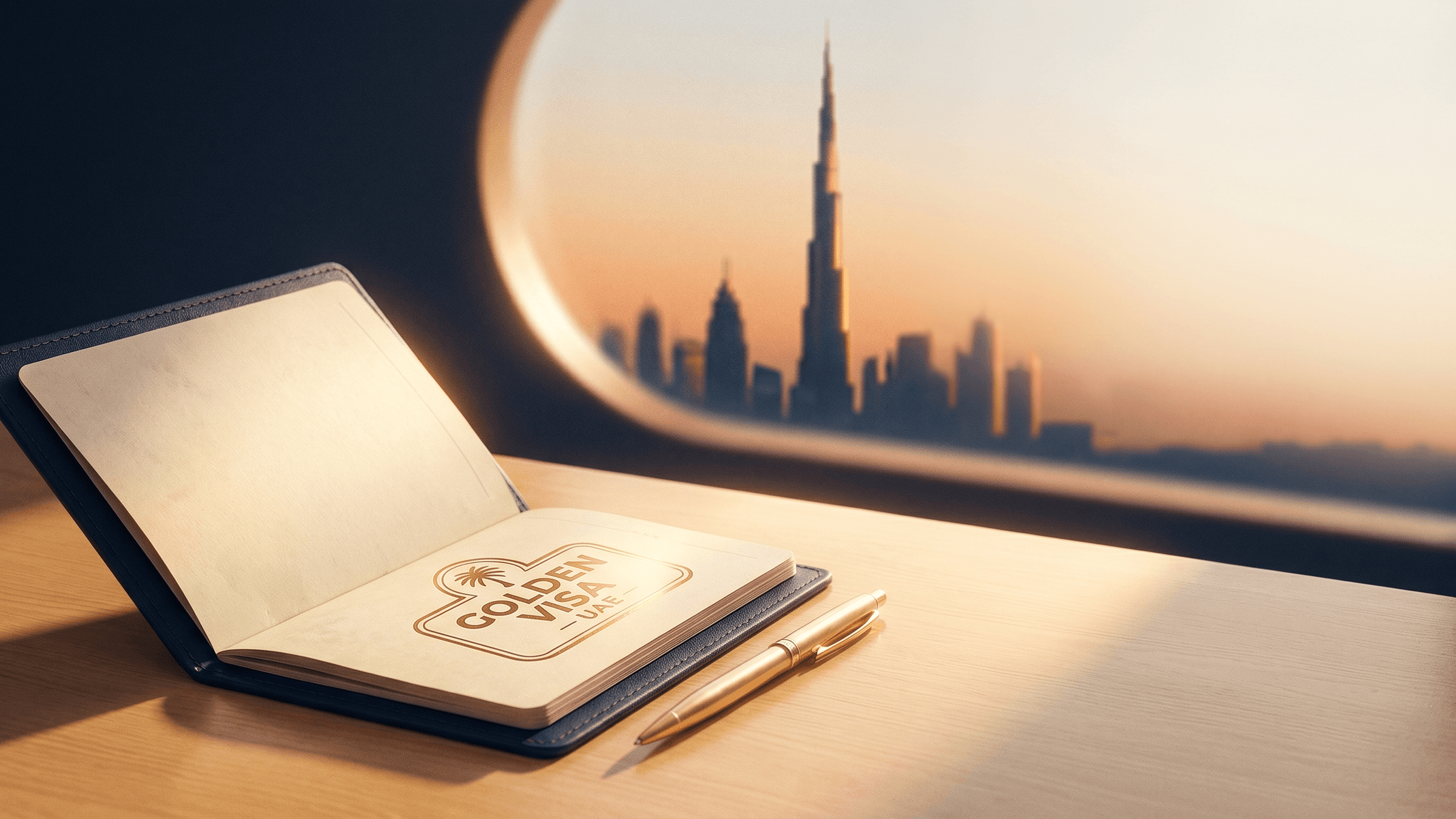 Editorial illustration of UAE Golden Visa passport with Dubai skyline