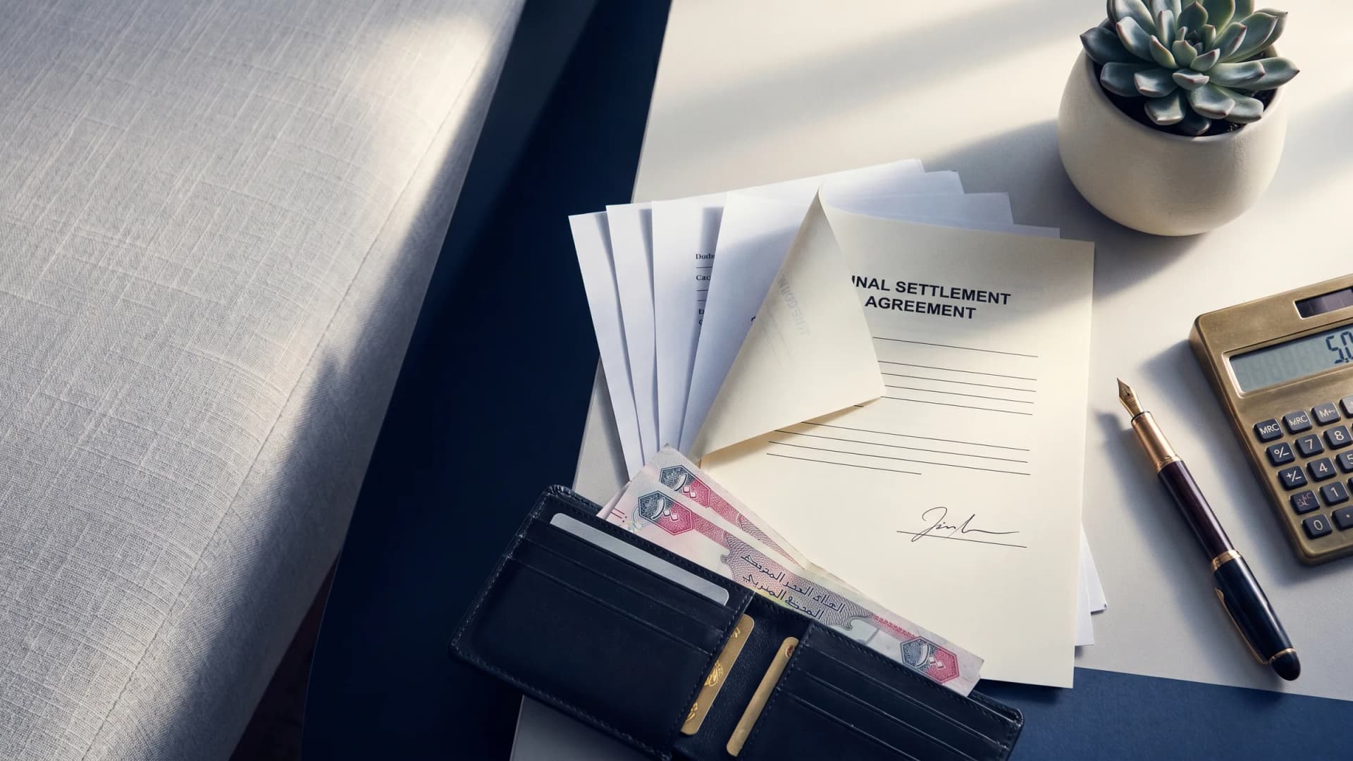 Employment law concept: AED notes, settlement document, pen, calculator on desk in natural light. Keyword: UAE gratuity.