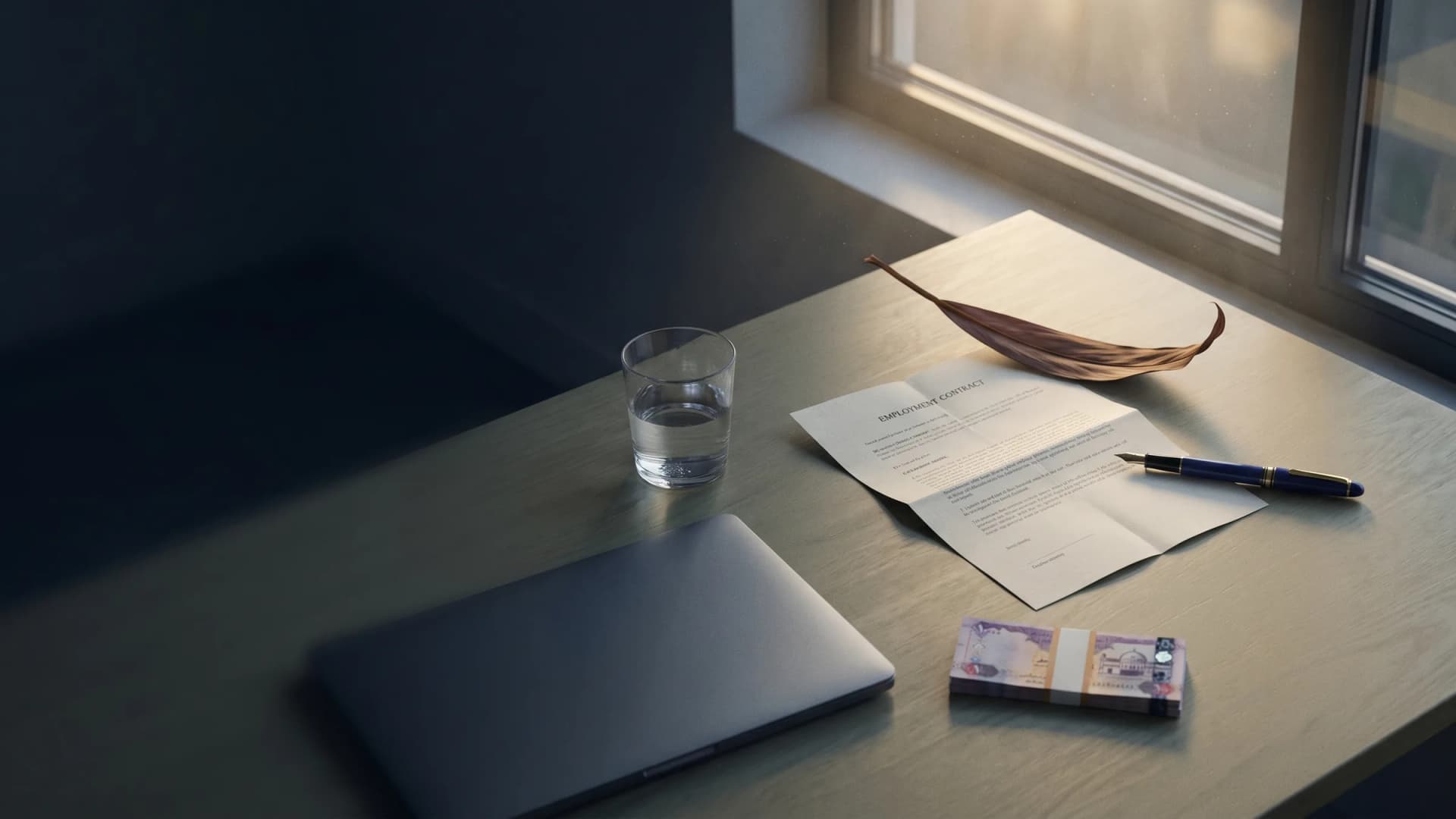 Employment law concept: contract, fountain pen, dirham notes on desk near window at dusk with date palm leaf. Keyword: UAE labour termination.