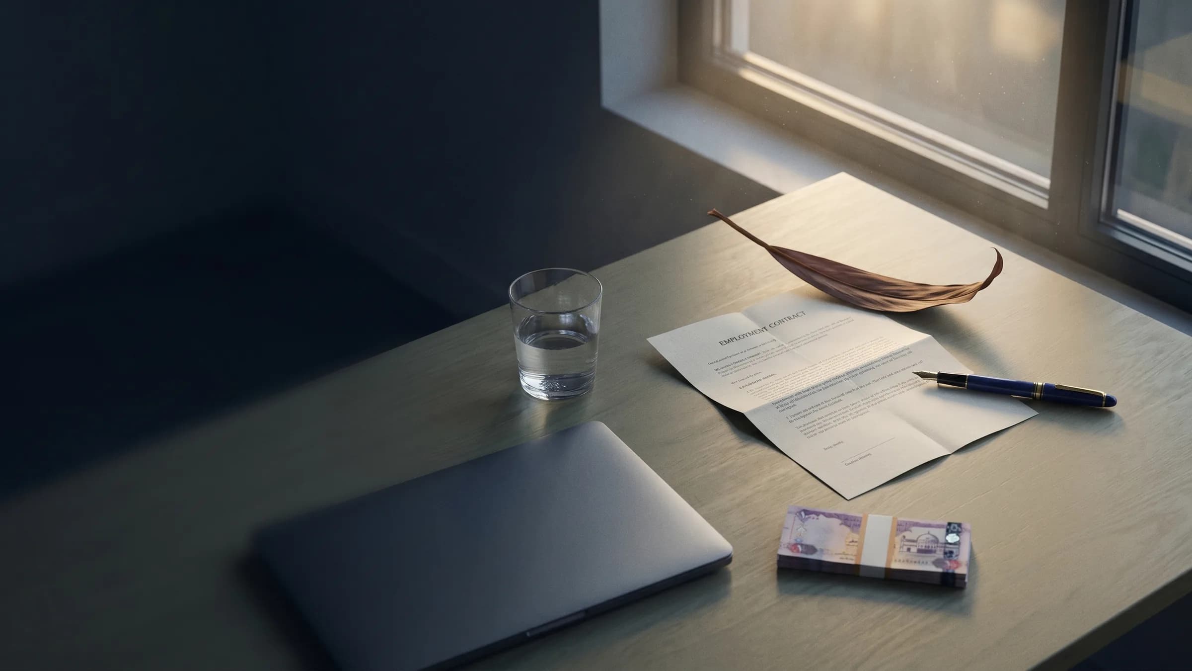 Employment law concept: contract, fountain pen, dirham notes on desk near window at dusk with date palm leaf. Keyword: UAE labour termination.