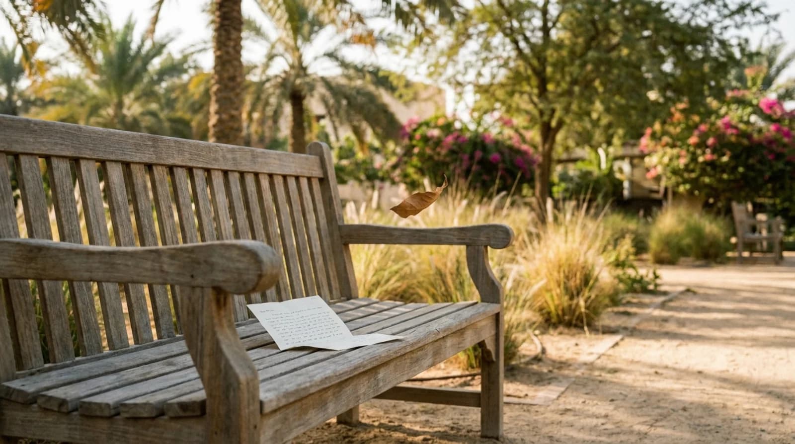 Empty wooden park bench with an unfolded letter resting on it, soft palm landscaping in the background blur — UAE notice period and garden leave