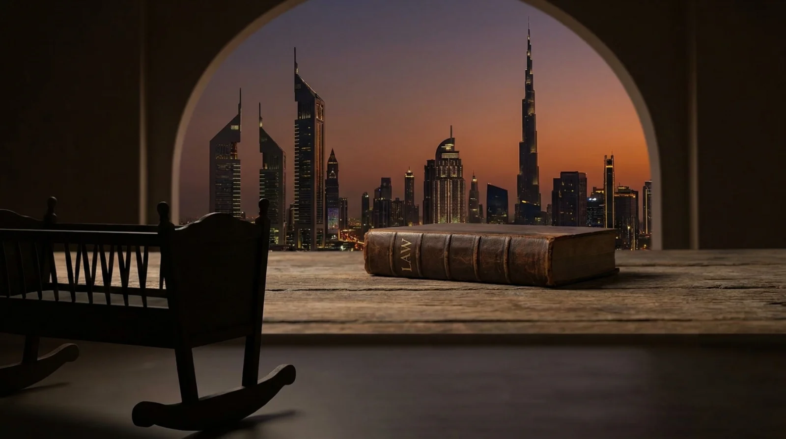 A wooden cradle silhouette with a closed law-book and Dubai skyline — UAE paternity leave rights