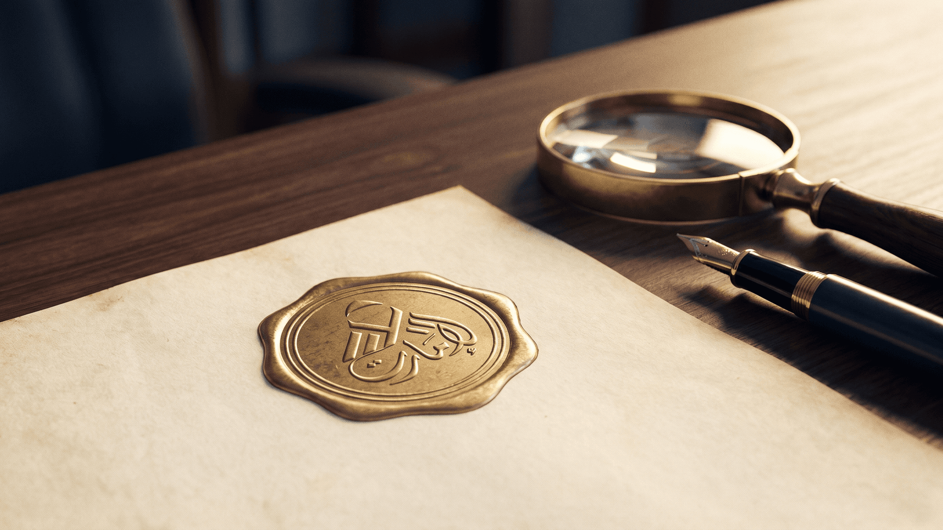 Editorial illustration of a gold UAE trademark seal stamped on parchment