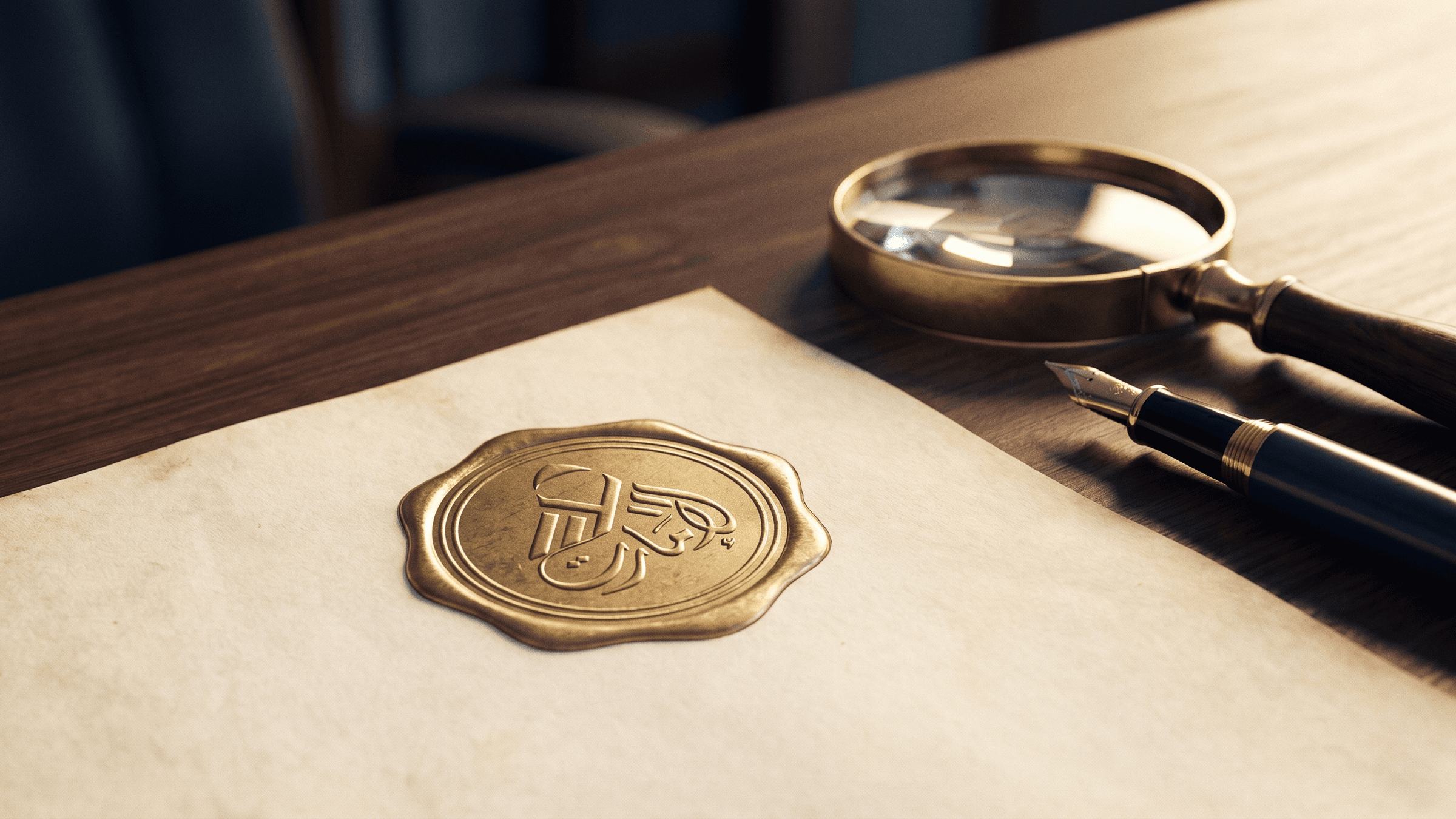 Editorial illustration of a gold UAE trademark seal stamped on parchment