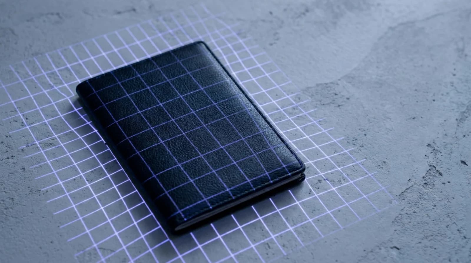 Closed dark passport with a thin grid of indigo lines suggesting a digital scan — UAE travel ban check by passport number