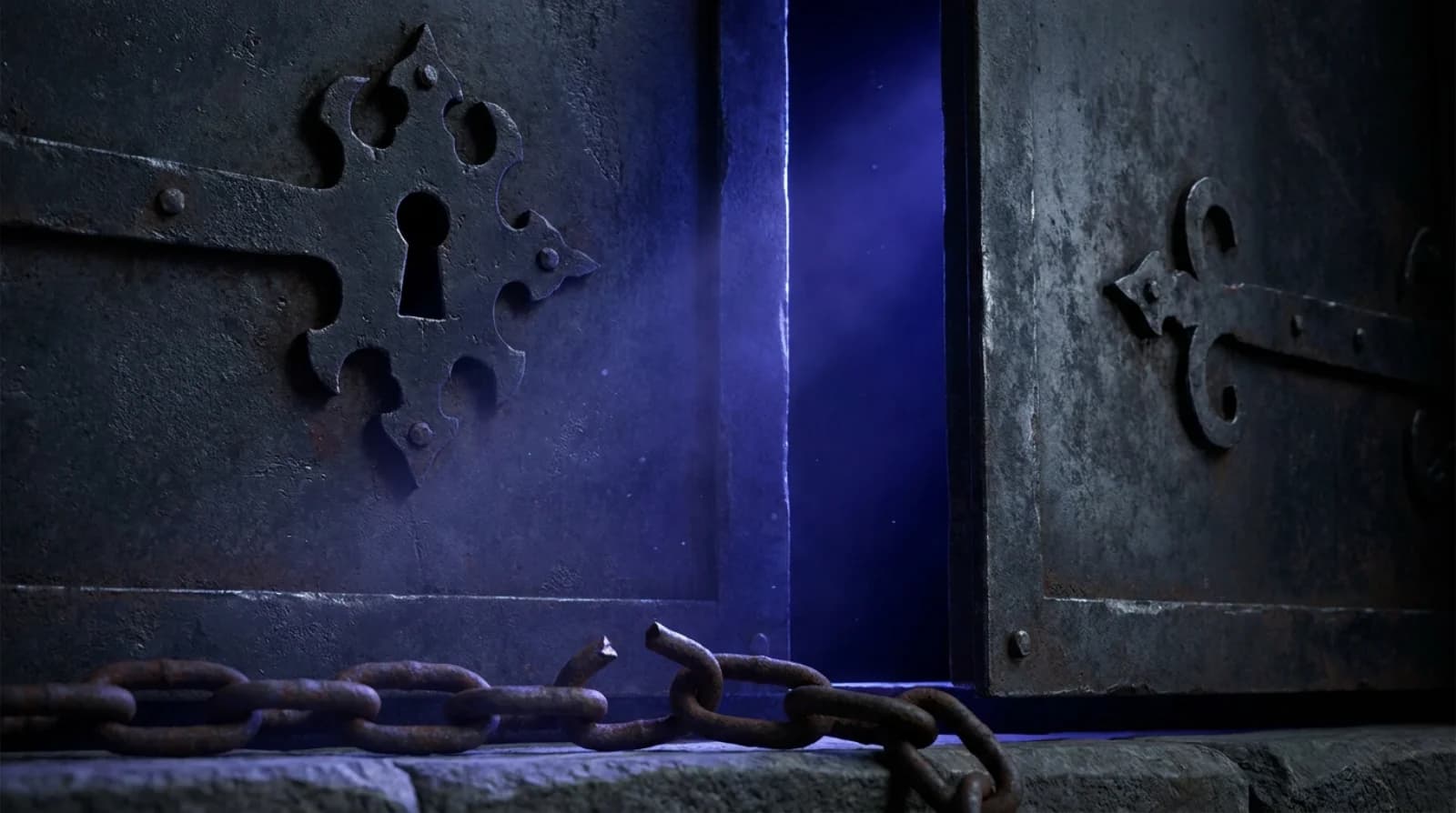 Heavy ornate keyhole on a steel door with indigo light leaking from the gap — UAE travel ban lifting process