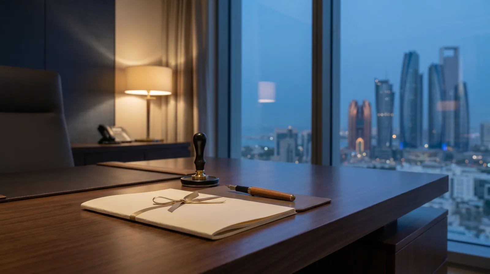 Official Abu Dhabi judicial desk with a sealed will document and stamp beside a city skyline at dusk