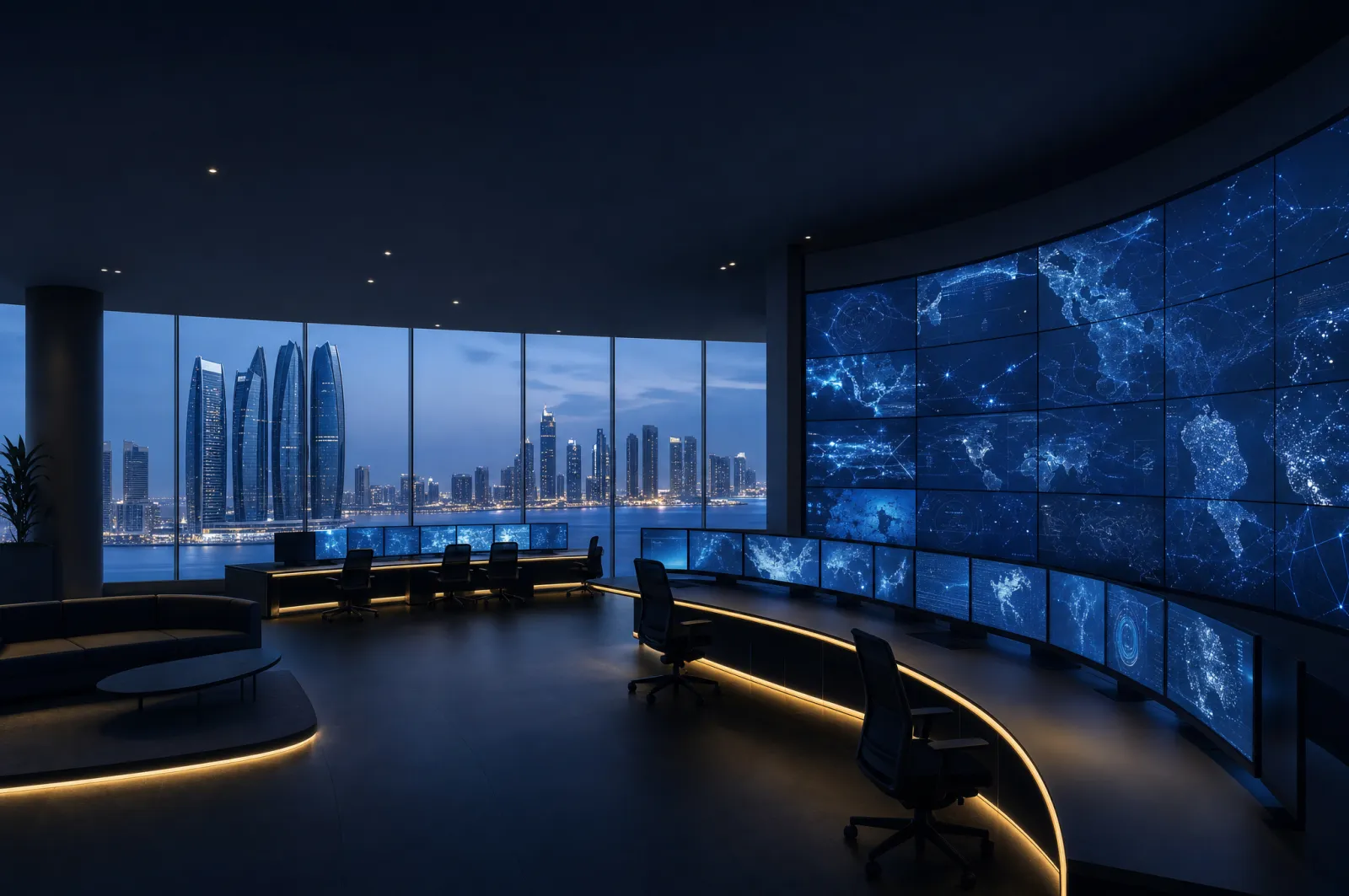 Modern security monitoring control room with rows of glowing screens overlooking the Abu Dhabi skyline at dusk