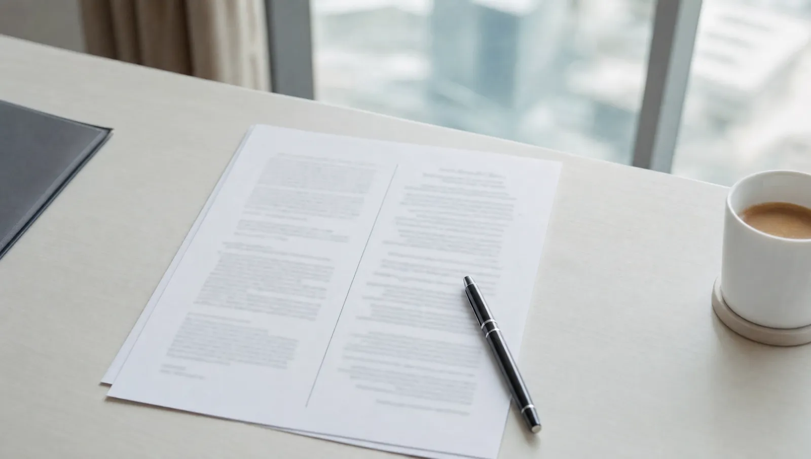 Overhead view of a bilingual paper contract on a desk with a pen resting across the page in daylight