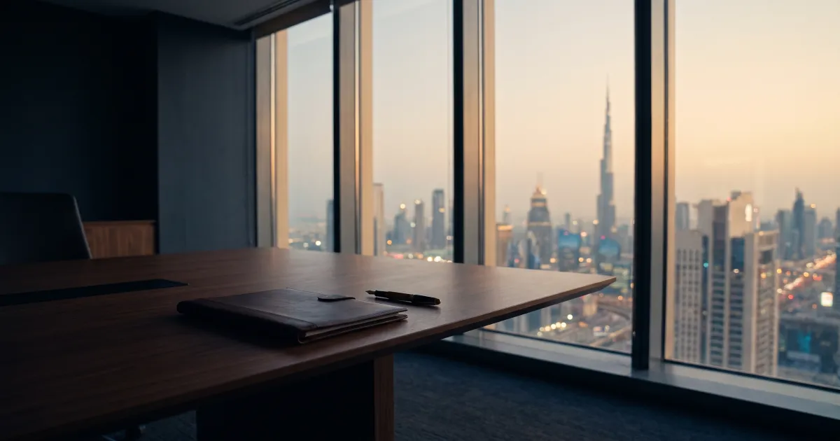 A closed leather document folder and a fountain pen on a walnut boardroom table in a Dubai office tower at dusk
