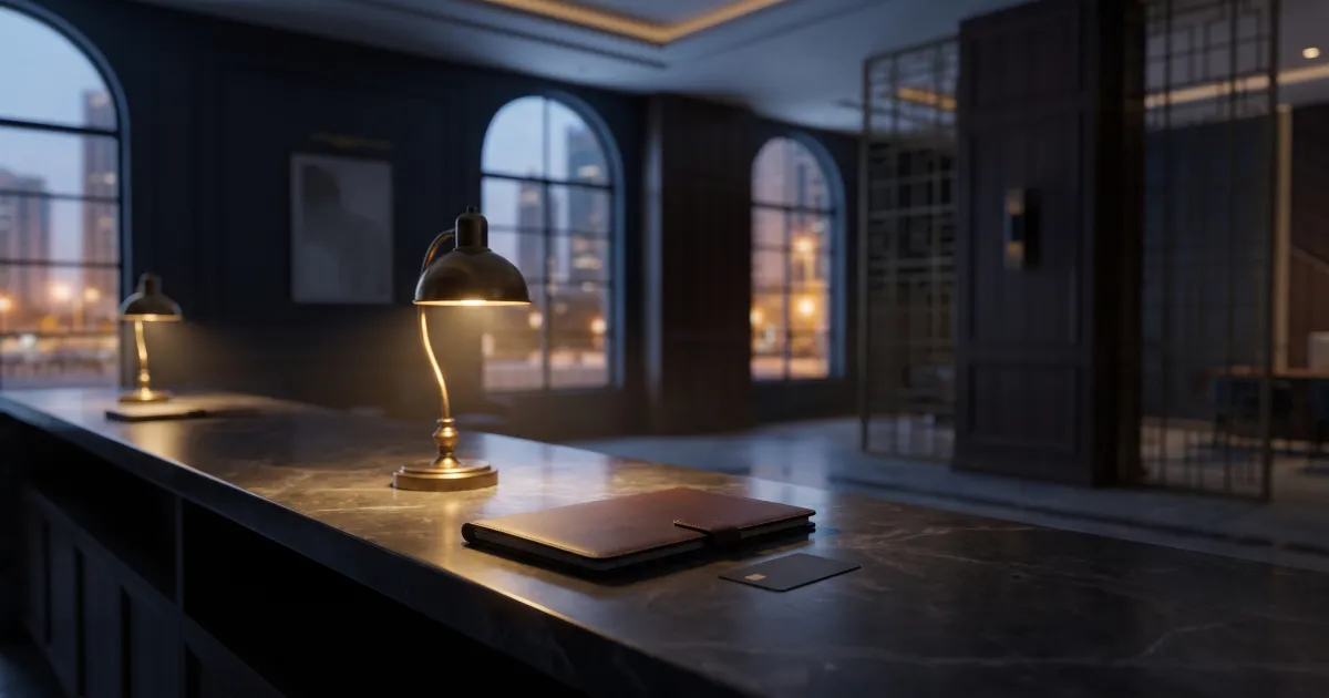 A closed leather folder and a face-down bank card on an empty marble counter in a softly lit UAE bank branch at dusk