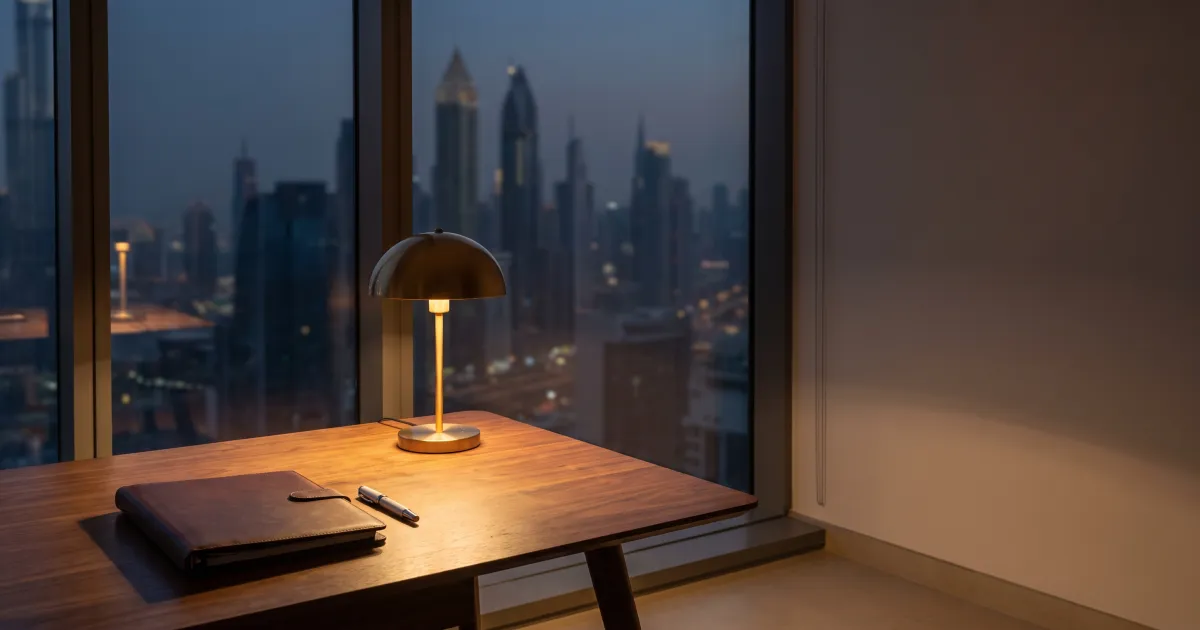 A closed leather document folder and fountain pen on a walnut desk in a quiet Dubai office at dusk with the skyline beyond
