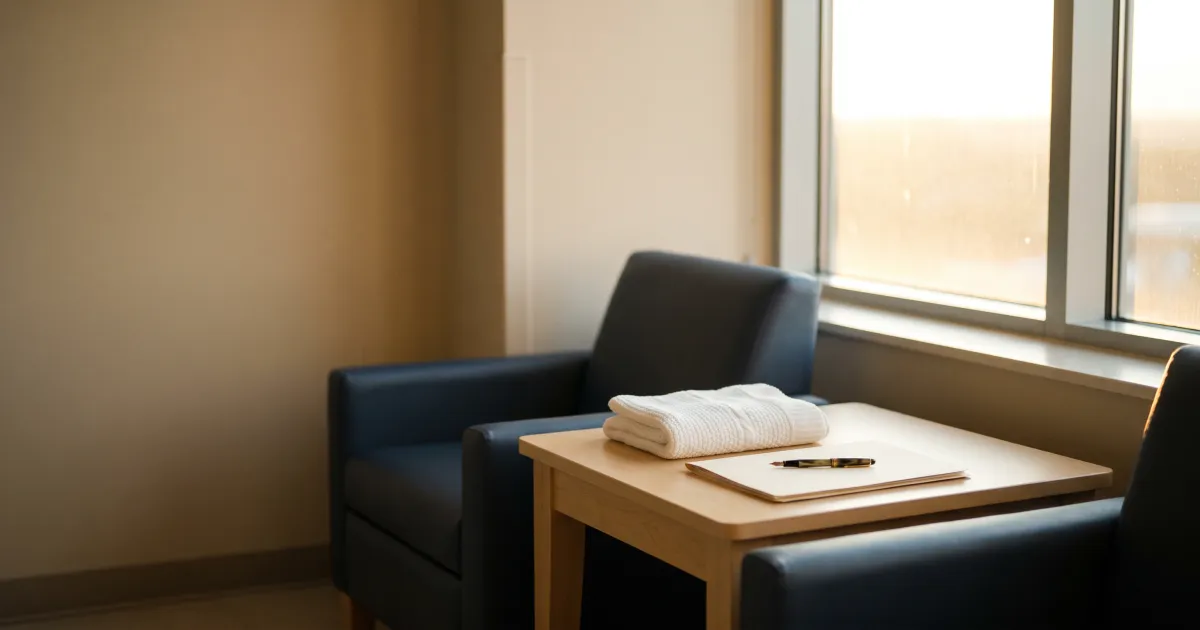 A folded white baby blanket beside a closed document folder on a wooden table in a softly lit hospital room at dawn