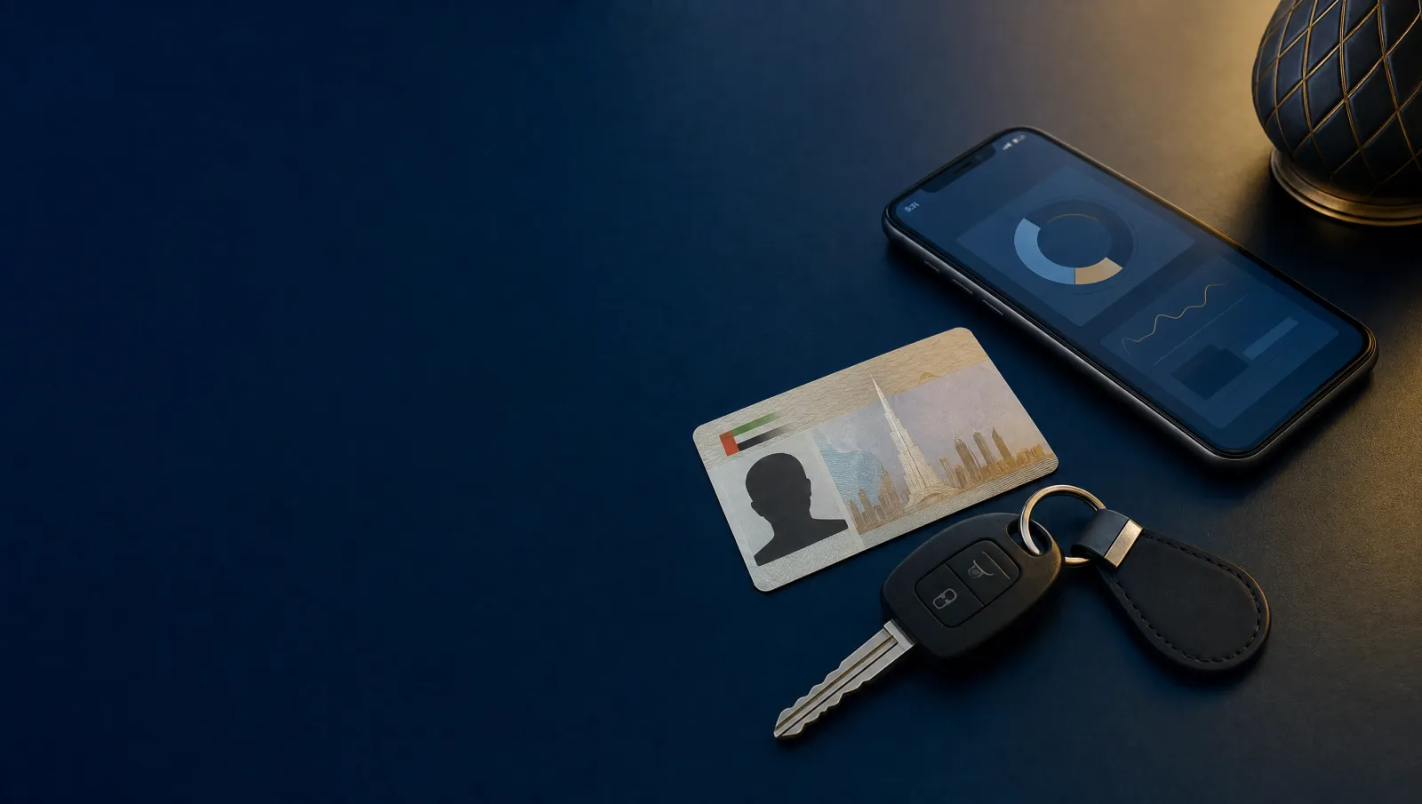 A UAE driving licence card and car keys on a dark desk beside a smartphone, representing a driver checking their traffic record