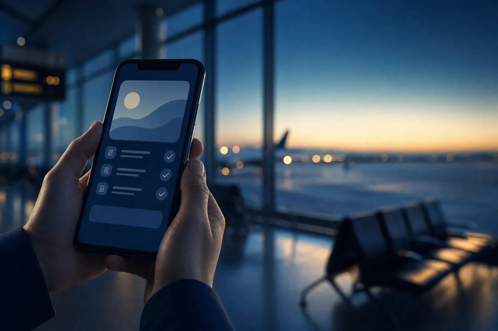 Hands holding a smartphone with an official services screen in a modern UAE airport departure hall at dusk