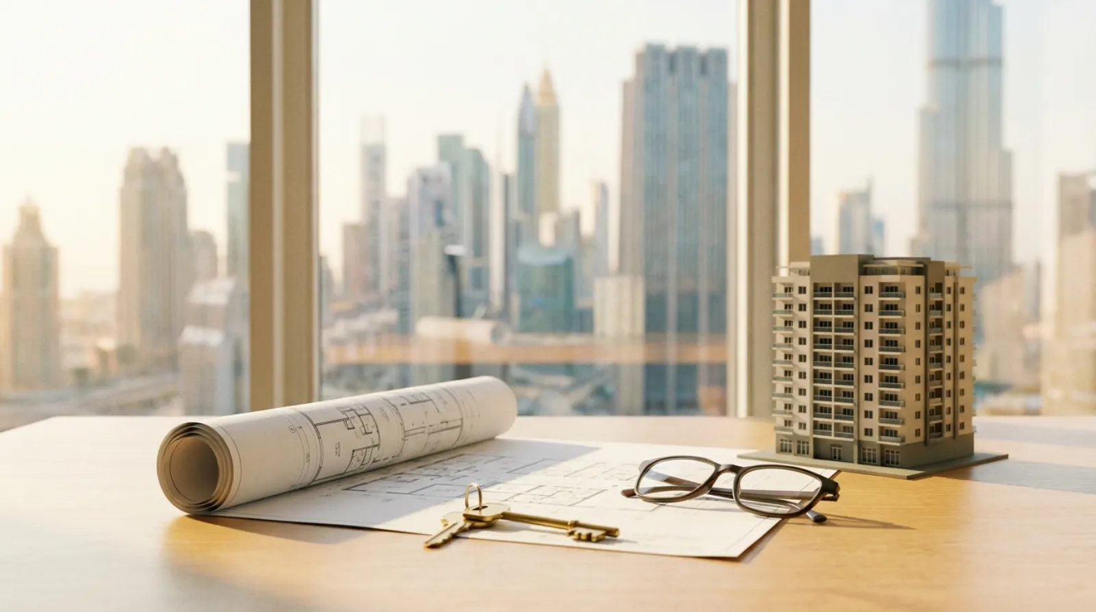 Modern Dubai residential towers and a property document with keys on a desk, evoking a real estate legal review