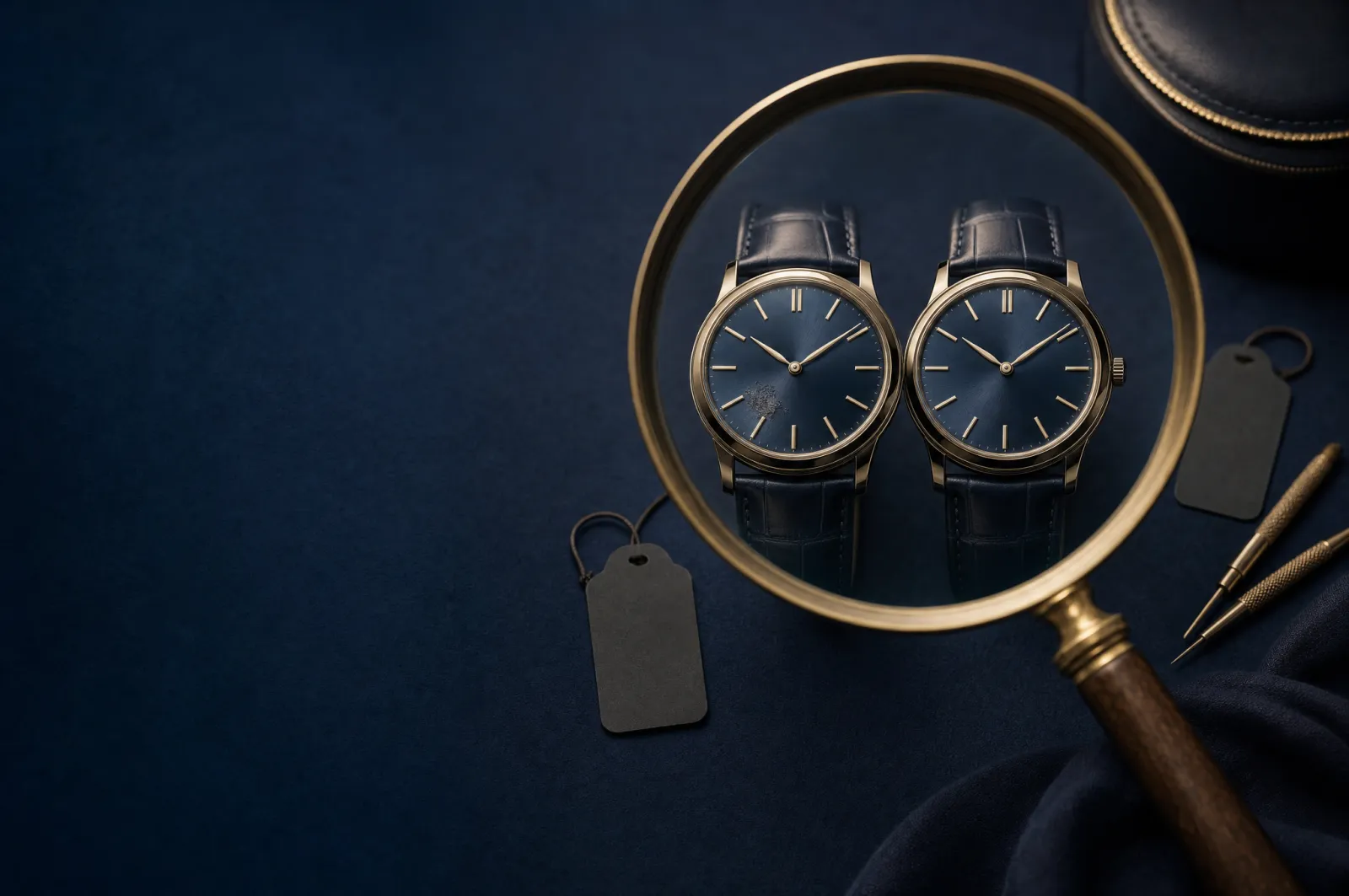Two nearly identical unbranded wristwatches compared under a magnifying glass on a dark inspection table