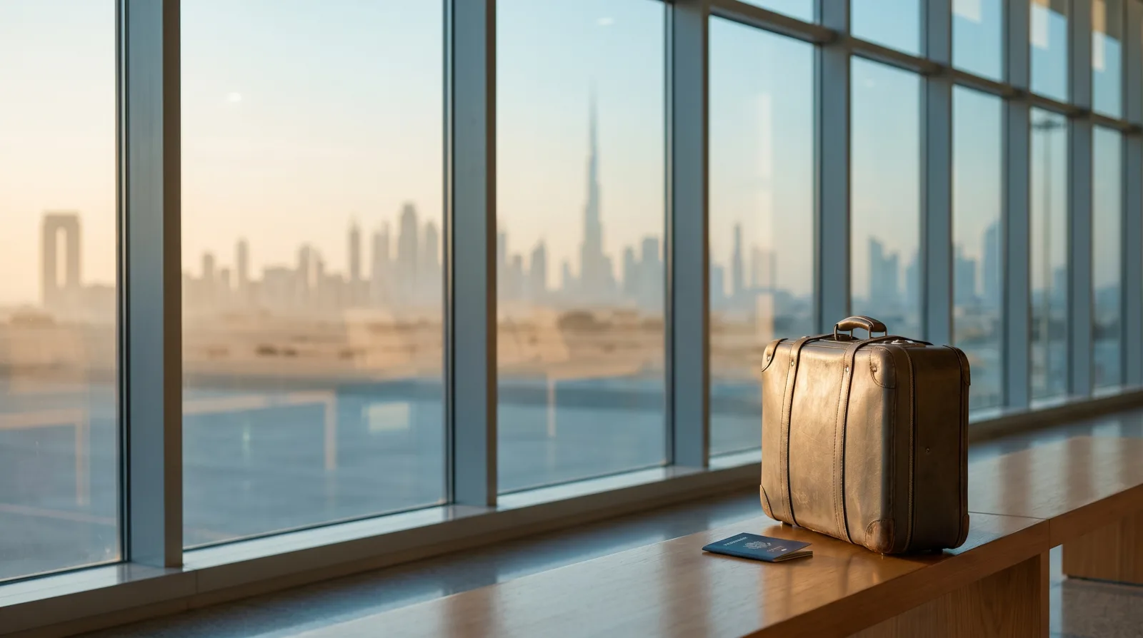 A suitcase and passport on a bench in a bright airport departure hall with a UAE city skyline through the glass at golden hour.