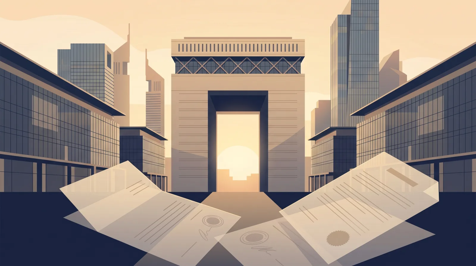 The Dubai International Financial Centre district of glass towers at golden hour with an abstract document motif, illustrating DIFC versus onshore UAE employment law.