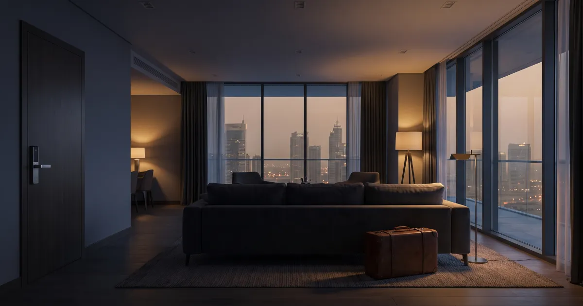 Furnished Dubai apartment living room at dusk with a suitcase beside the sofa and the city skyline beyond the windows