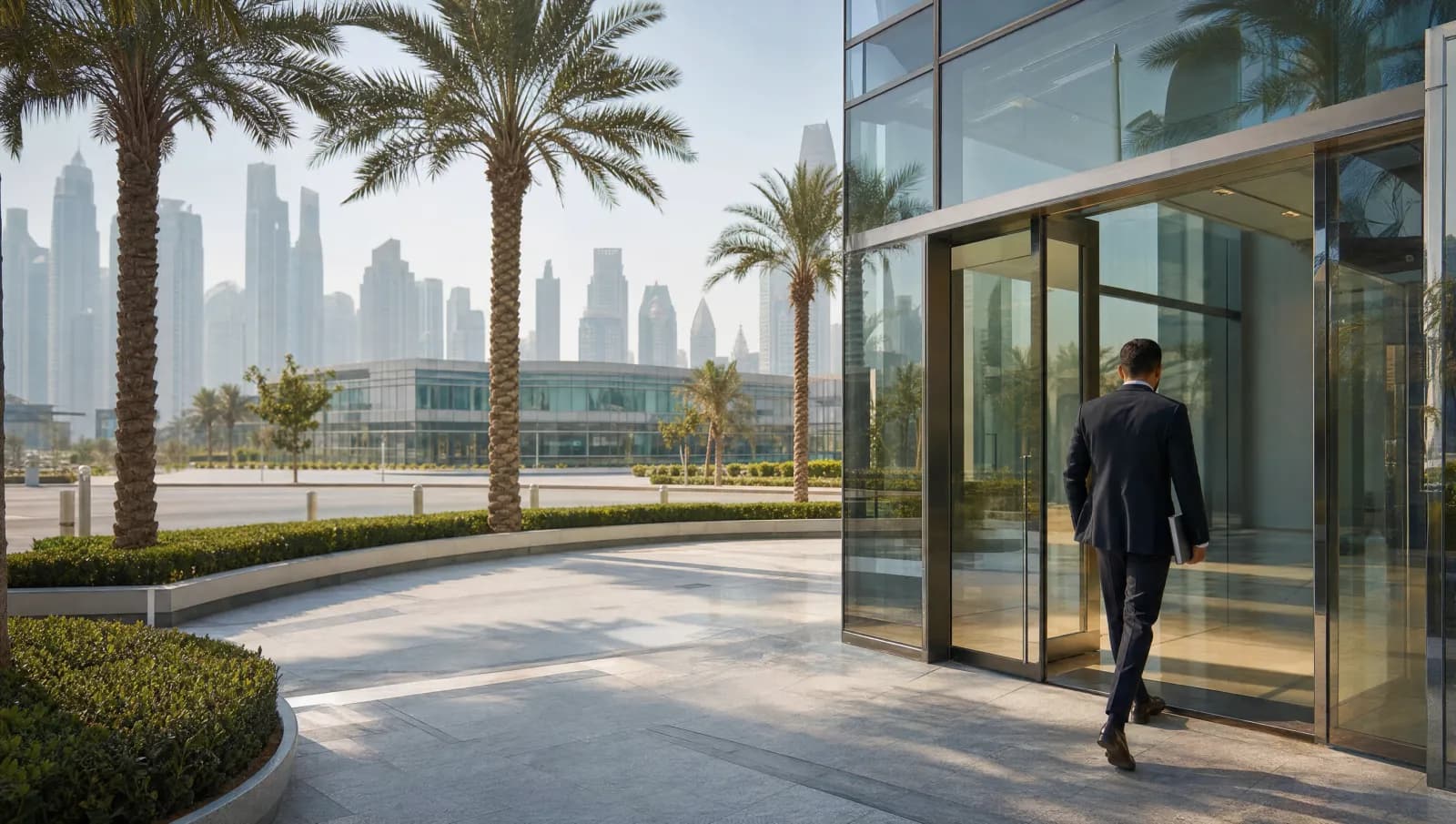 A person walking into a modern office building in a Dubai free zone business park holding company documents