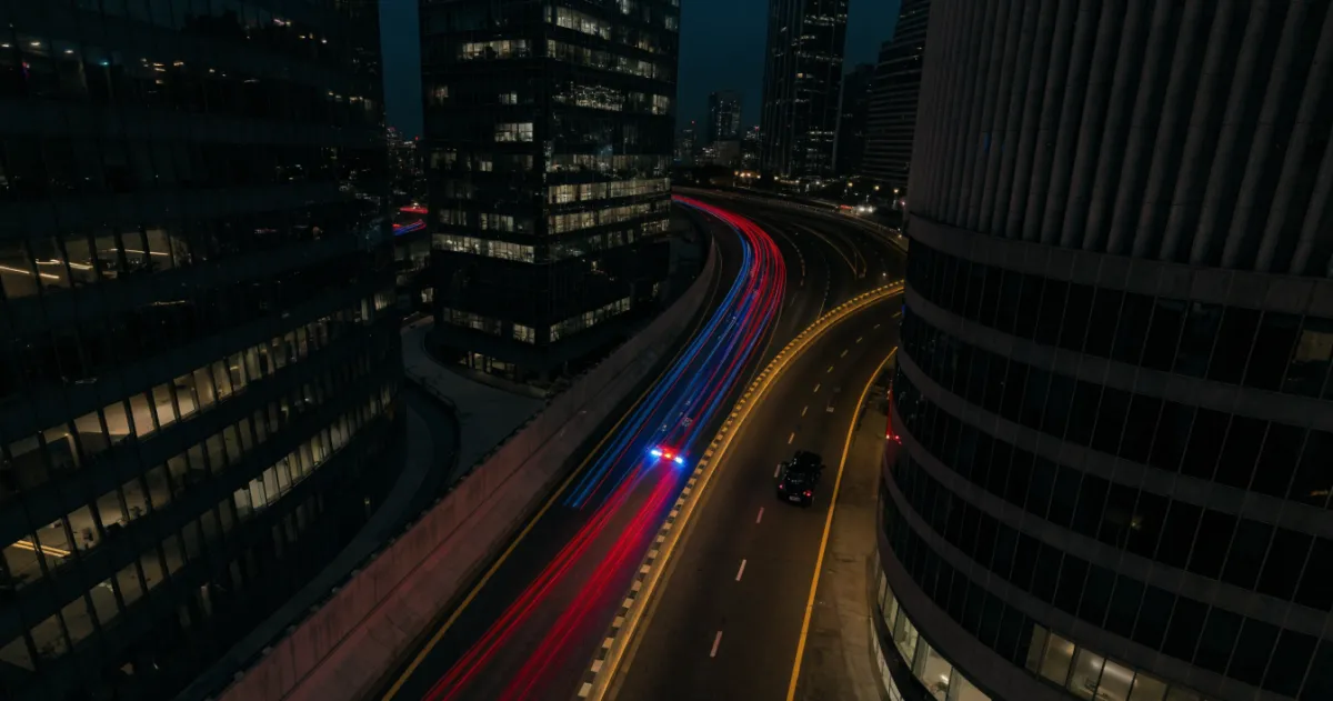 UAE highway at night with a police patrol stopping a car, illustrating drink-driving enforcement