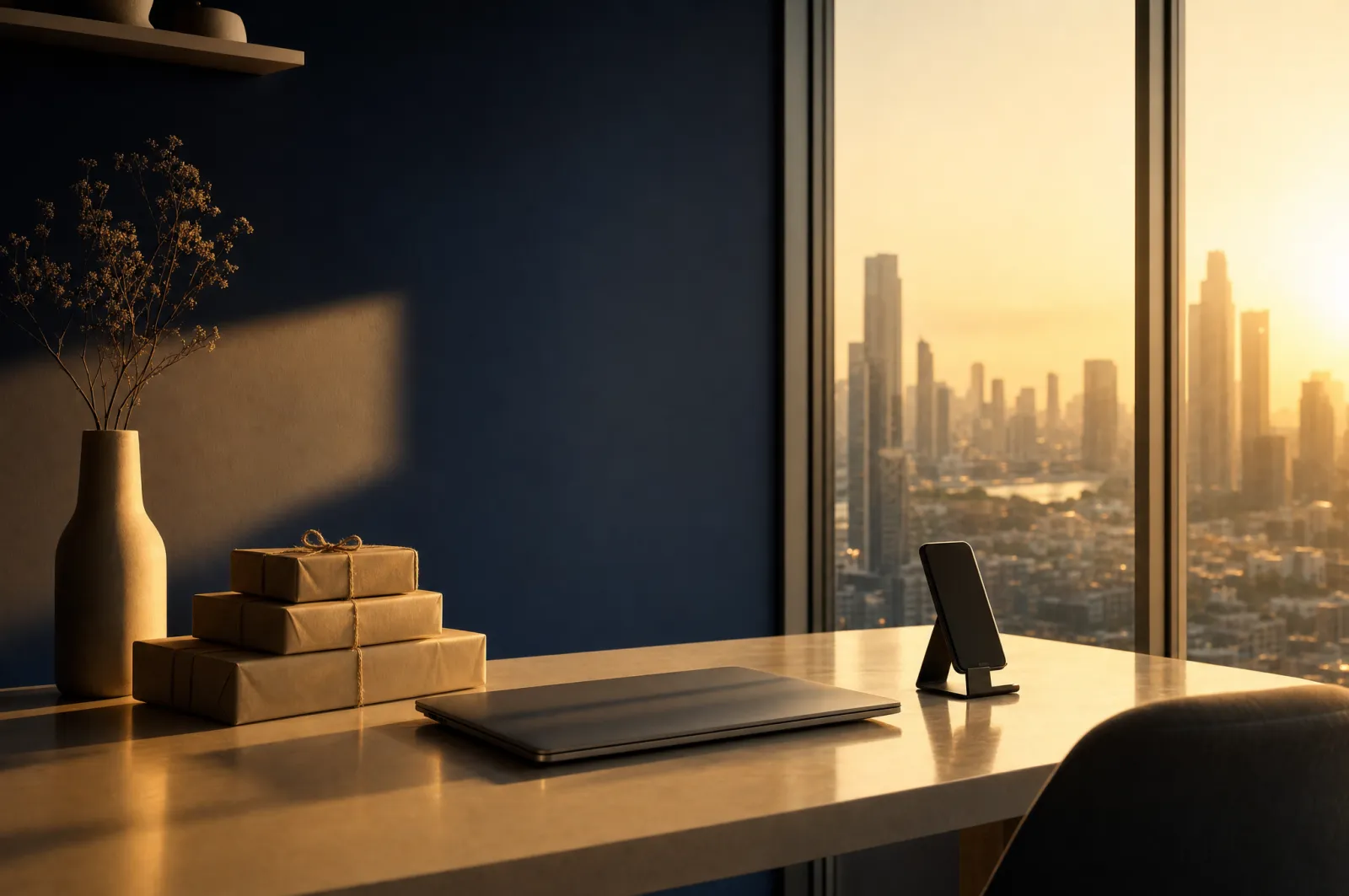Tidy home workspace with a laptop and wrapped parcels beside a window overlooking the Dubai skyline at golden hour