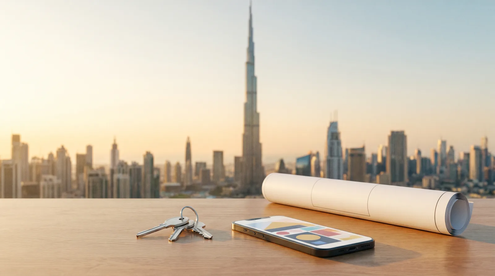 House keys, a rolled document, and a smartphone on a wooden desk with the Dubai skyline behind, representing Ejari tenancy registration and cancellation