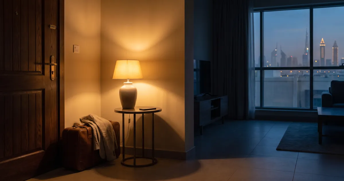 A packed suitcase and folded jacket waiting by the front door of a dimly lit UAE apartment at dusk, ready for an urgent family trip