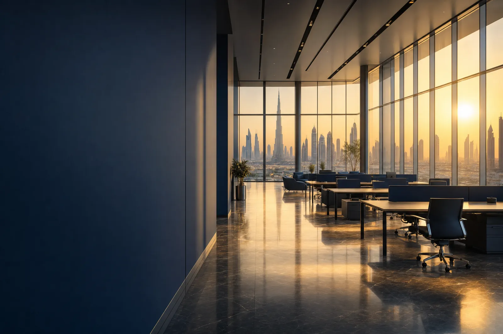 Modern UAE office interior with rows of empty desks facing floor-to-ceiling windows and a city skyline at golden hour
