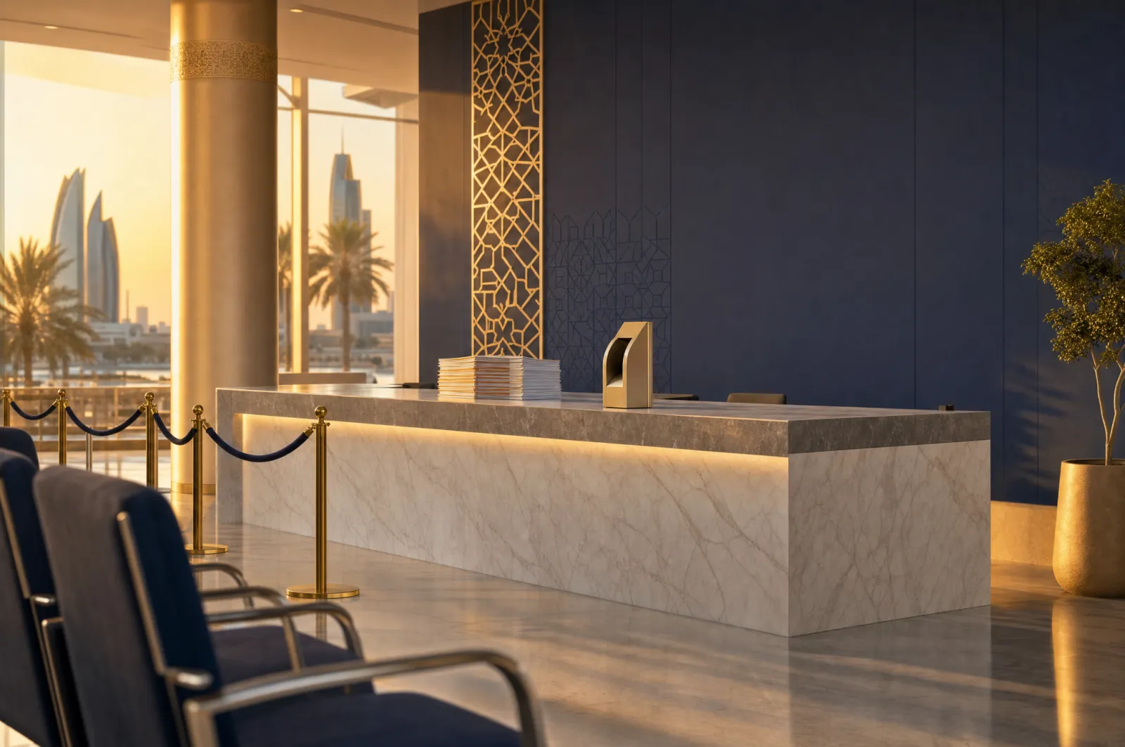 Modern Abu Dhabi government service centre counter with stacked documents and queue ticket dispenser under warm golden light