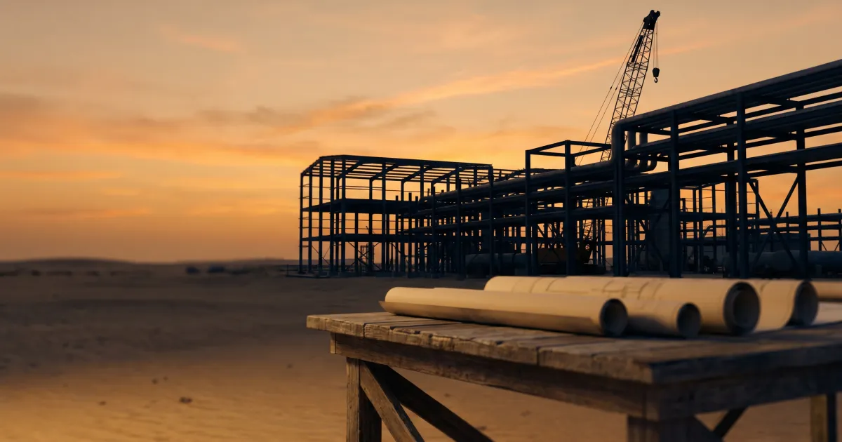Steel frames, pipe racks and a crane at an unfinished industrial plant in the UAE desert at golden hour, with rolled drawings on a site table