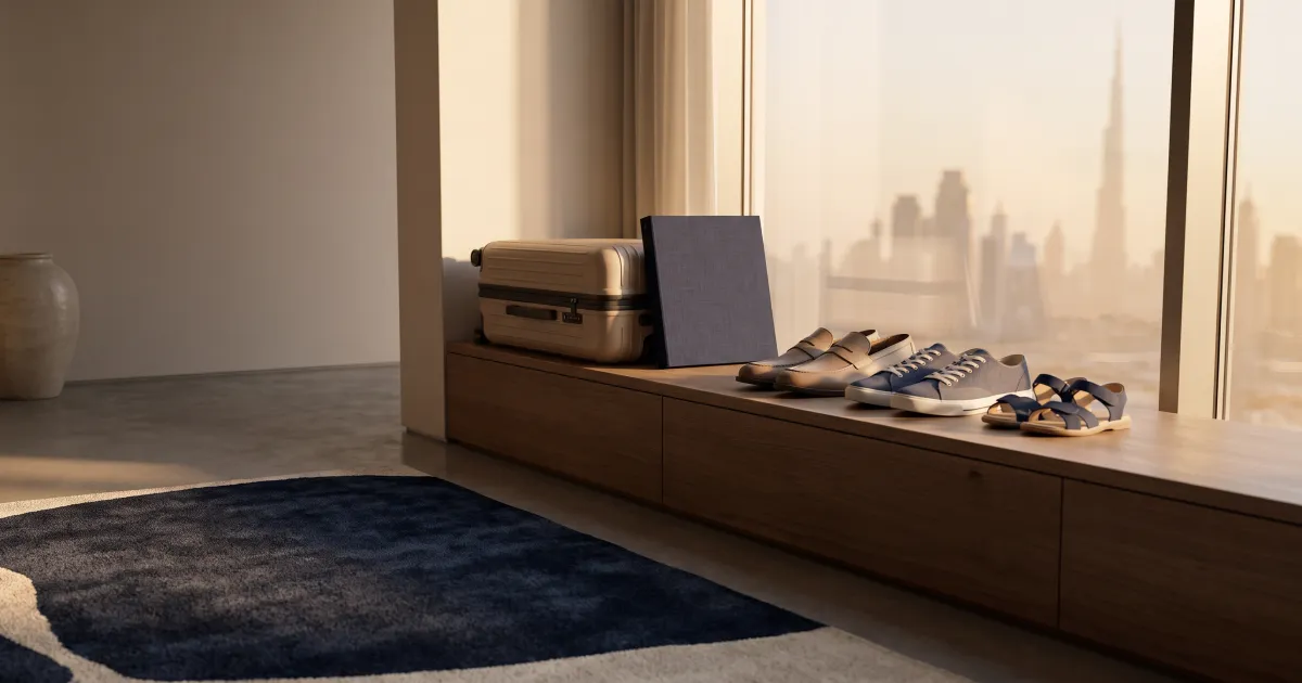 Shoes of different sizes lined up beside a suitcase and a document folder in a sunlit Dubai apartment entrance