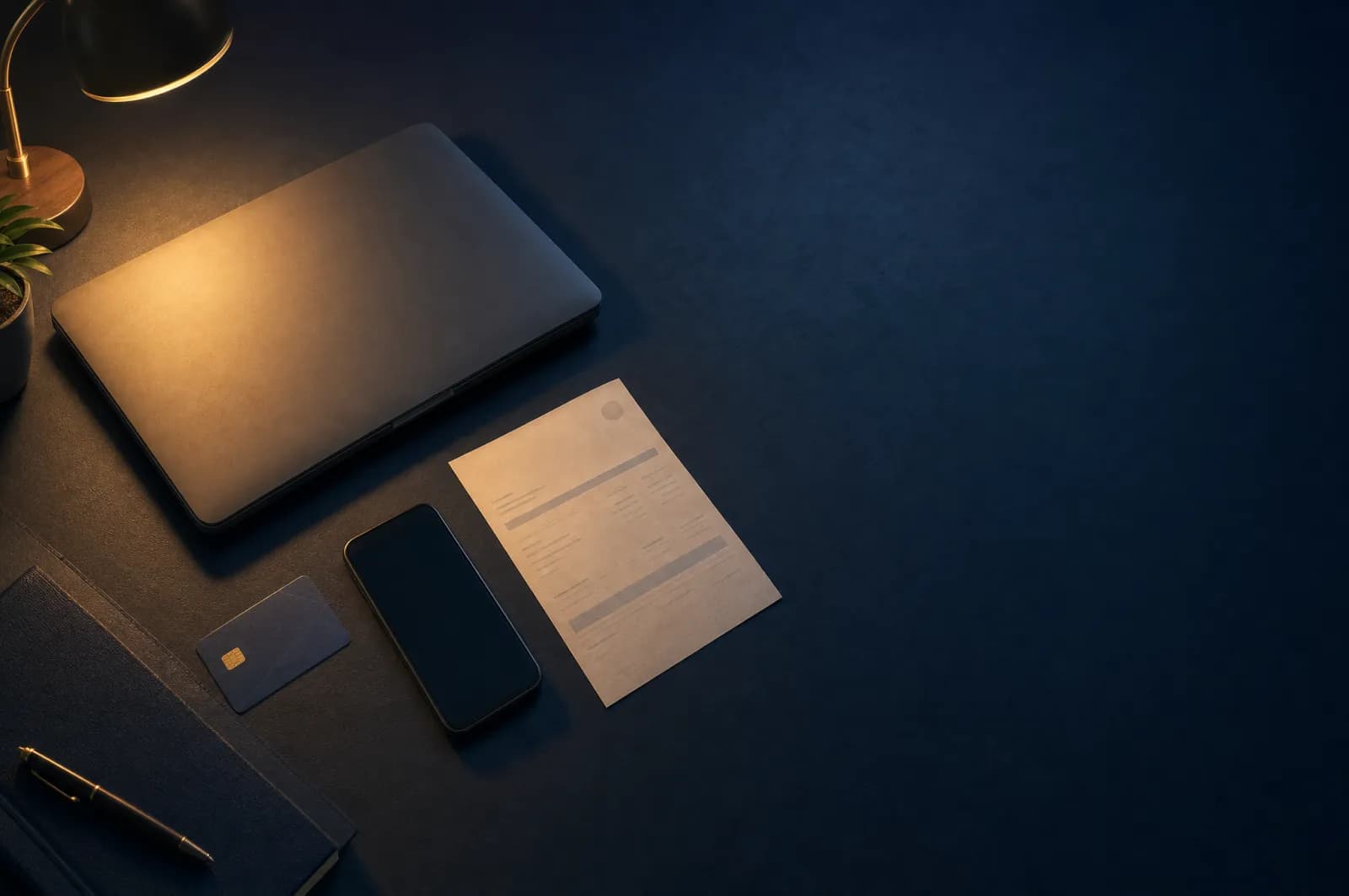 Laptop, bank card and smartphone on a dark desk evoking the risk of online fraud in the UAE